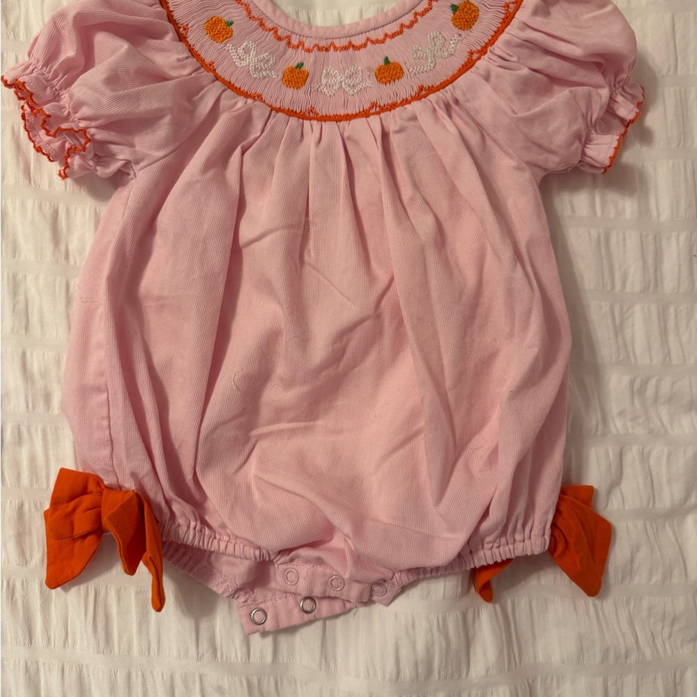 Pink Baby Smock with Orange Pumpkins and Bows